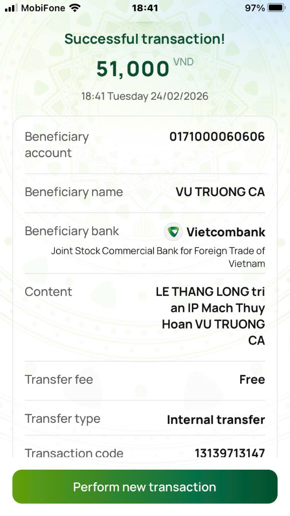 Chuyển khoản từ Lê Thăng Long